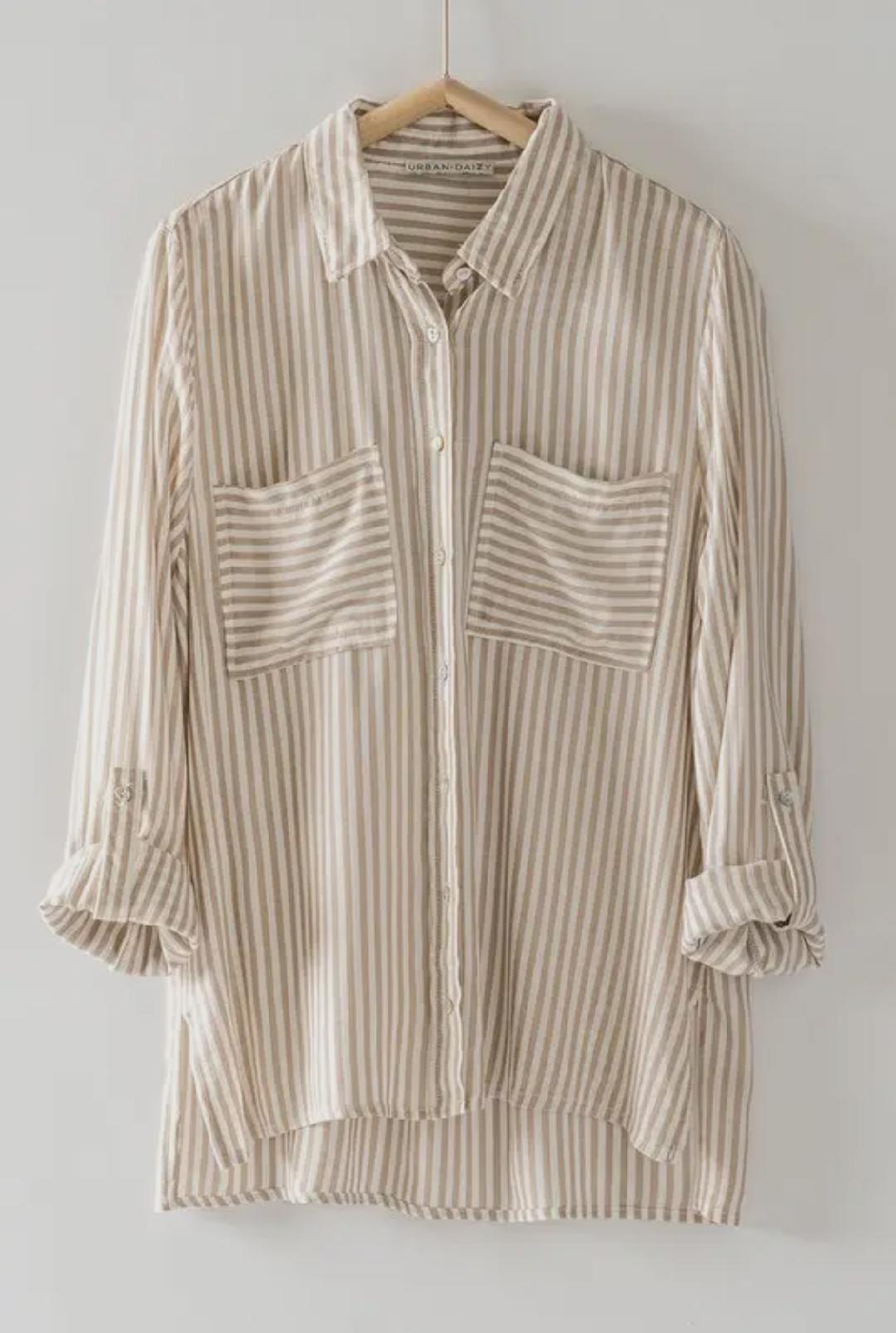 Taupe Classic Striped Button Down Shirt