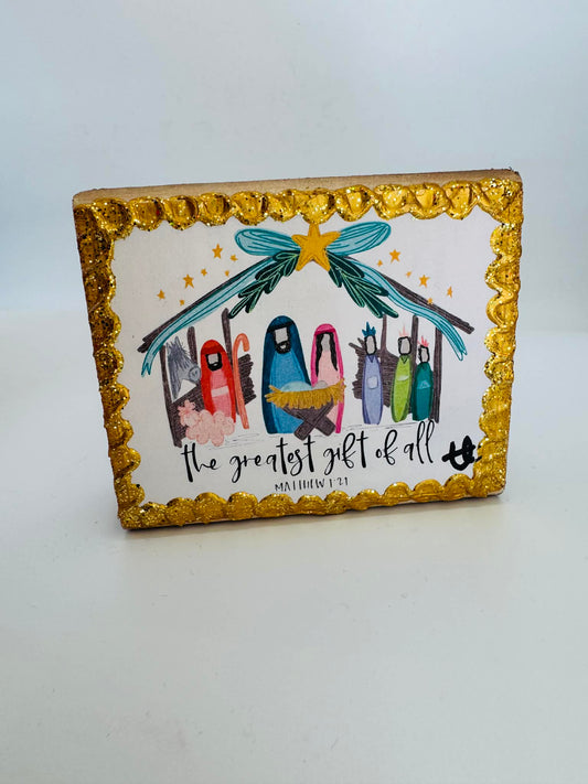 Hand Painted Nativity on Wood Block with Gold Trim
