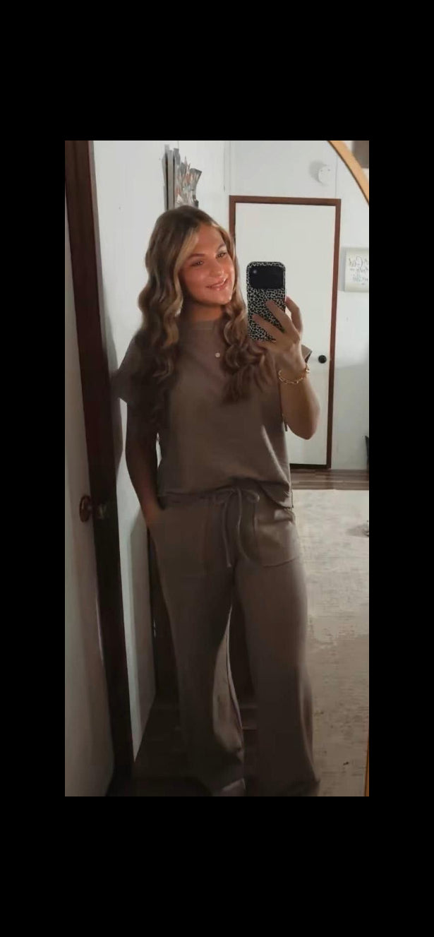 Cotton Blend Short Sleeve Tee & Long Pants Set in ASH MOCHA