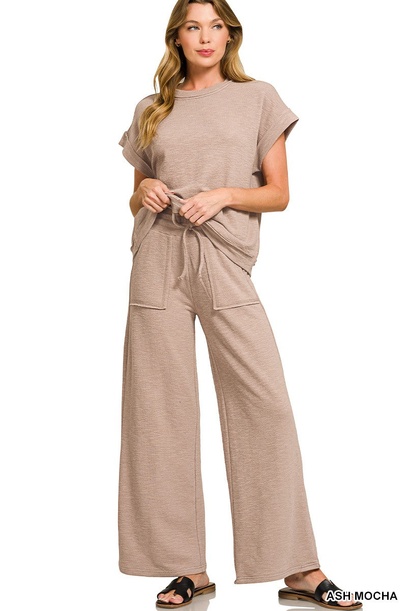 Cotton Blend Short Sleeve Tee & Long Pants Set in ASH MOCHA