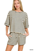 Striped Short Sleeve Tee & Shorts Set BLACK