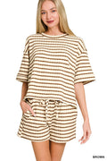 Striped Short Sleeve Tee & Shorts Set BROWN