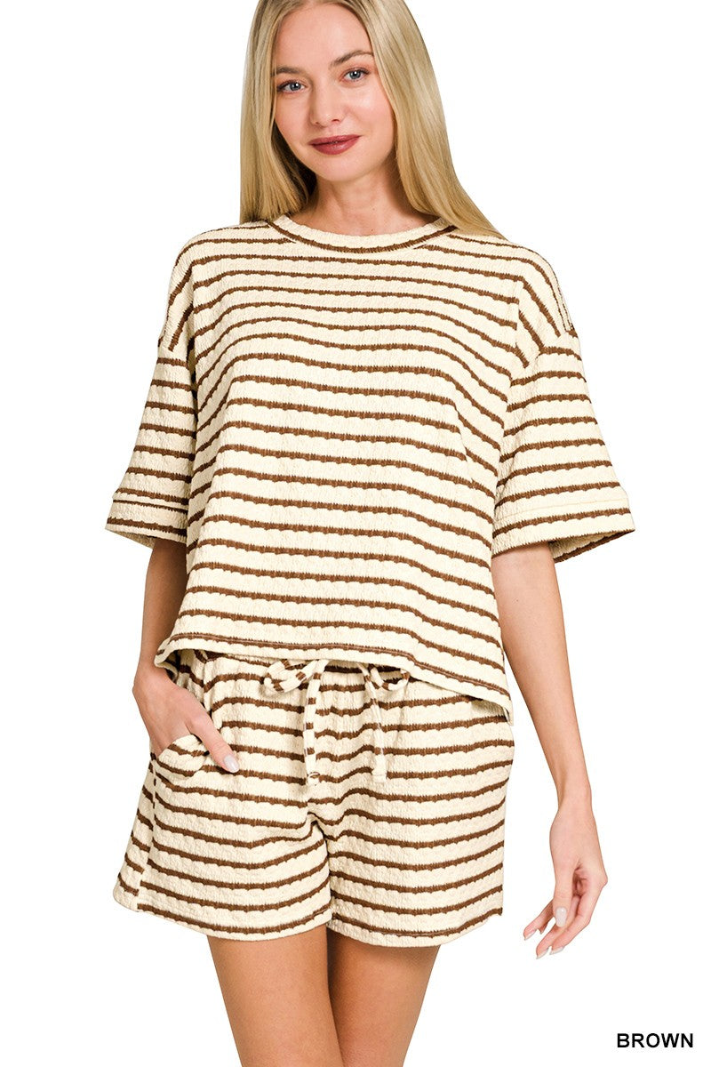 Striped Short Sleeve Tee & Shorts Set BROWN