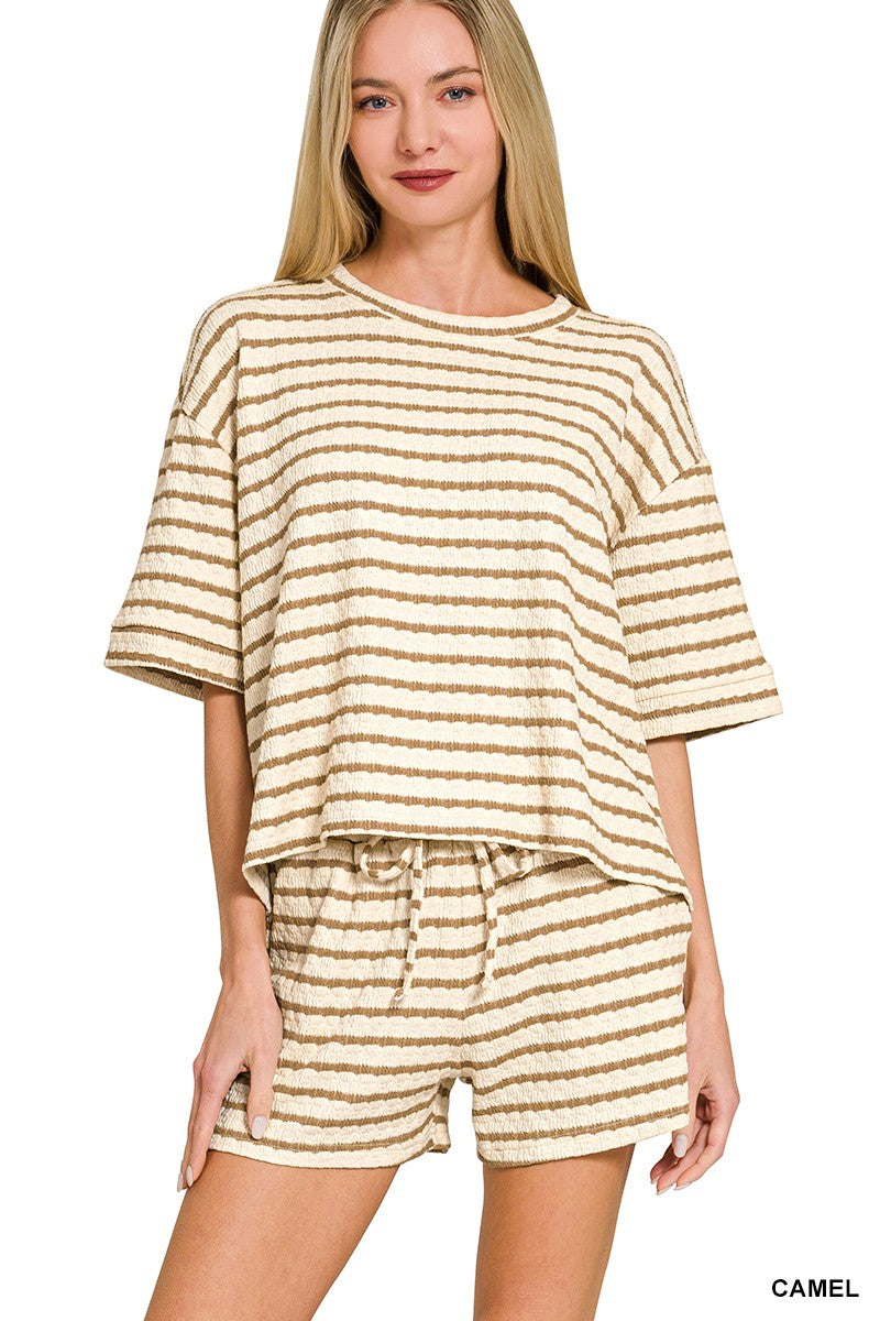 Striped Short Sleeve Tee & Shorts Set CAMEL