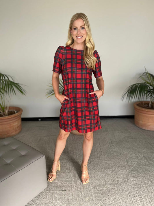 Red Back Bow Plaid Pocket Dress