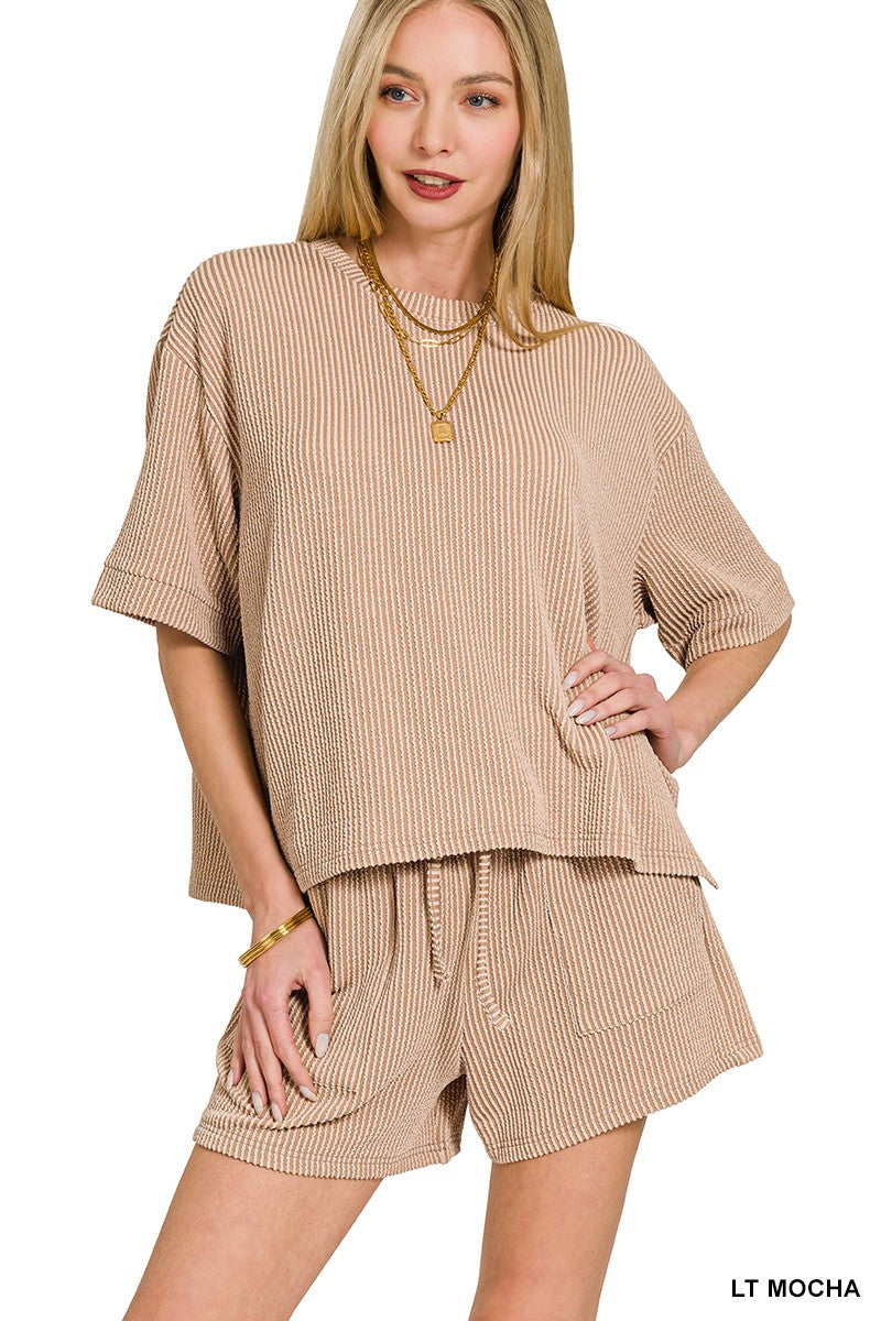 Cotton Blend Raised Rib Short Sleeve Tee & Shorts Set LIGHT MOCHA