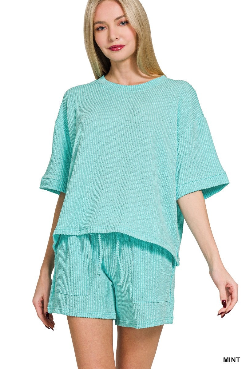 Cotton Blend Raised Rib Short Sleeve Tee & Shorts Set MINT