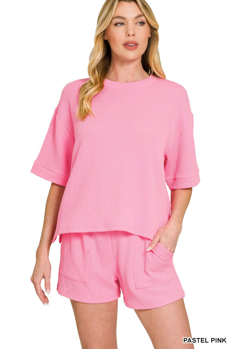Cotton Blend Raised Rib Short Sleeve Tee & Shorts Set PASTEL PINK