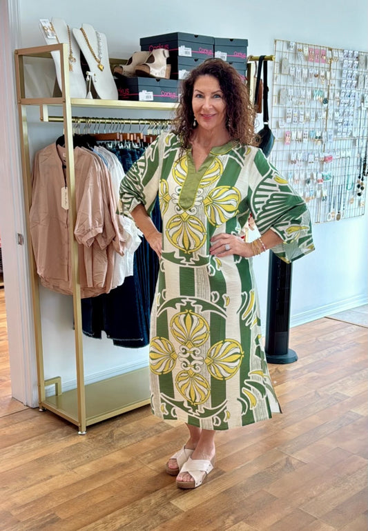 Green and Cream Print Dress