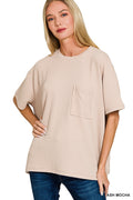 Raised Rib Short Sleeve Front Pocket Top ASH MOCHA