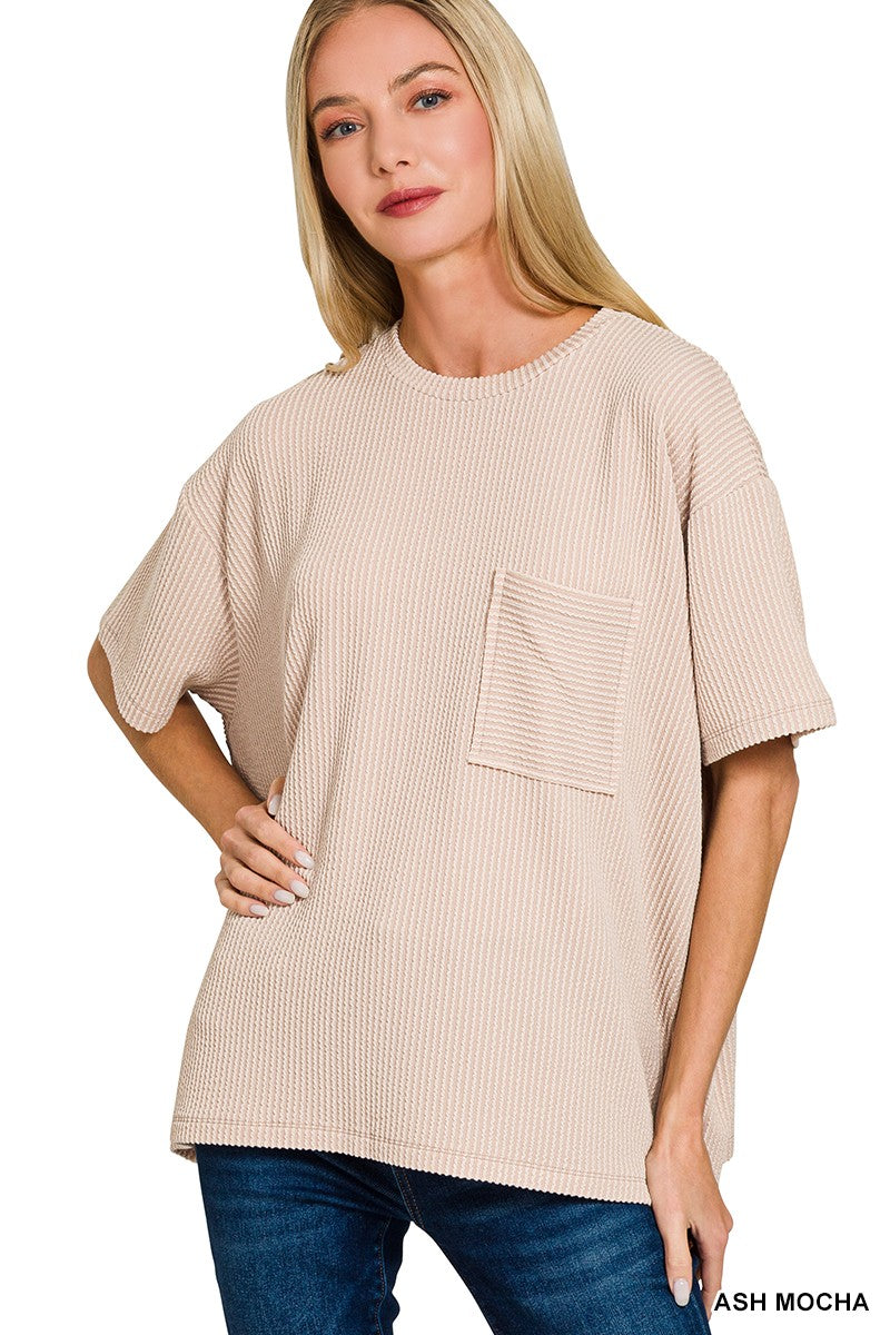 Raised Rib Short Sleeve Front Pocket Top ASH MOCHA