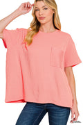 Raised Rib Short Sleeve Front Pocket Top CORAL