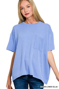 Raised Rib Short Sleeve Front Pocket Top CORN FLOWER BLUE