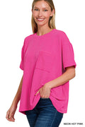 Raised Rib Short Sleeve Front Pocket Top NEON HOT PINK