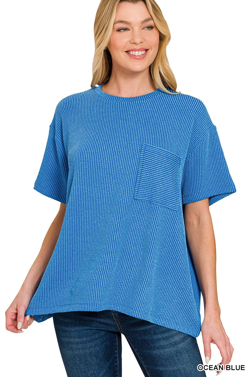 Raised Rib Short Sleeve Front Pocket Top OCEAN BLUE