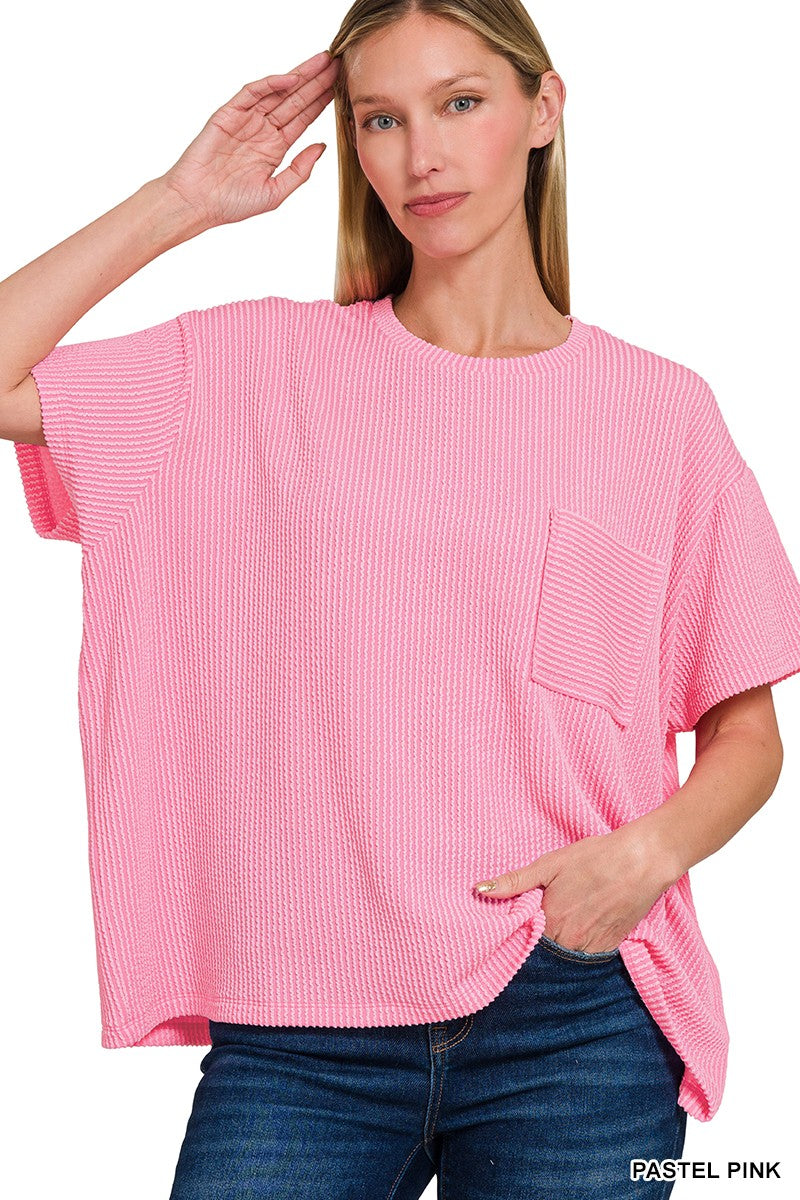 Raised Rib Short Sleeve Front Pocket Top PASTEL PINK