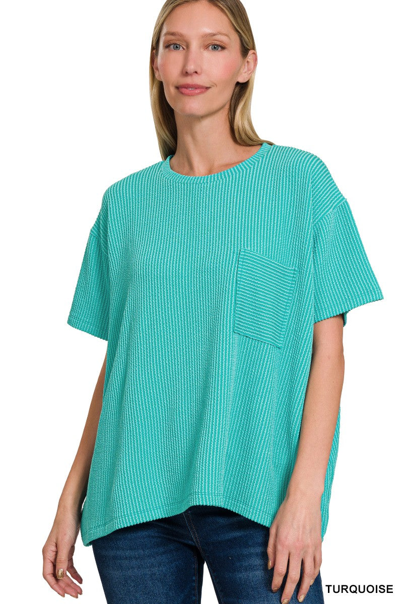 Raised Rib Short Sleeve Front Pocket Top TURQUOISE