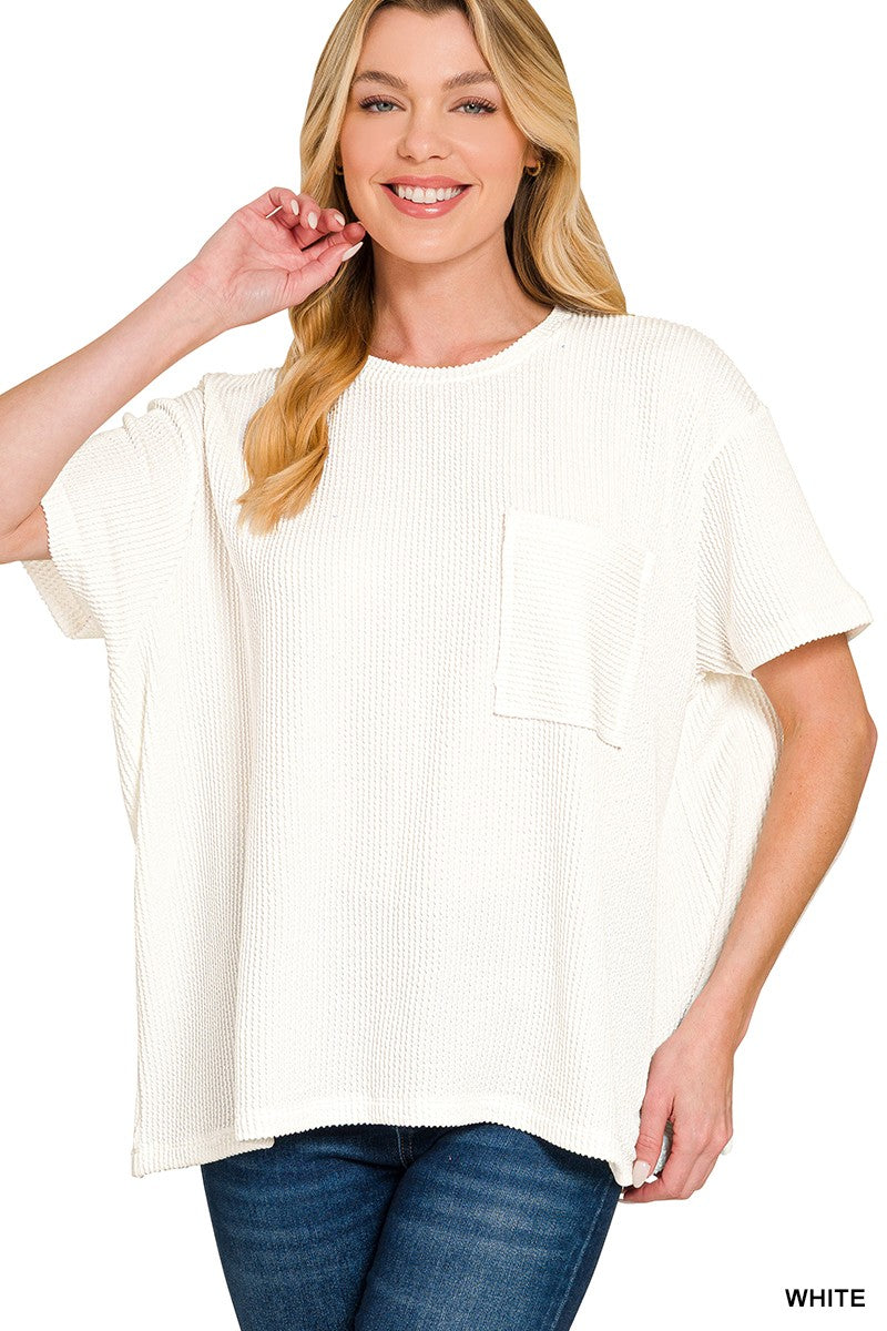 Raised Rib Short Sleeve Front Pocket Top WHITE