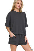 Cotton Blend Raised Rib Short Sleeve Tee & Shorts Set BLACK