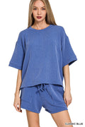 Cotton Blend Raised Rib Short Sleeve Tee & Shorts Set CLASSIC BLUE