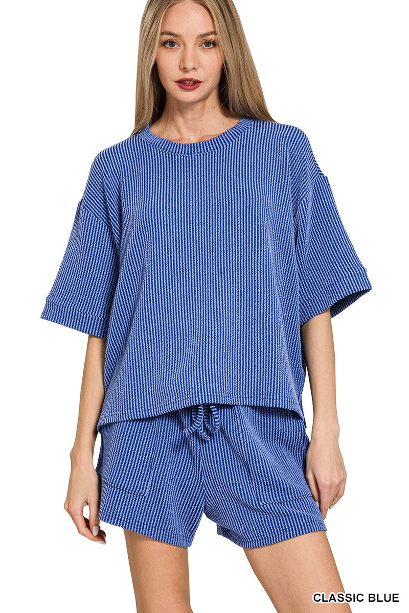 Cotton Blend Raised Rib Short Sleeve Tee & Shorts Set CLASSIC BLUE