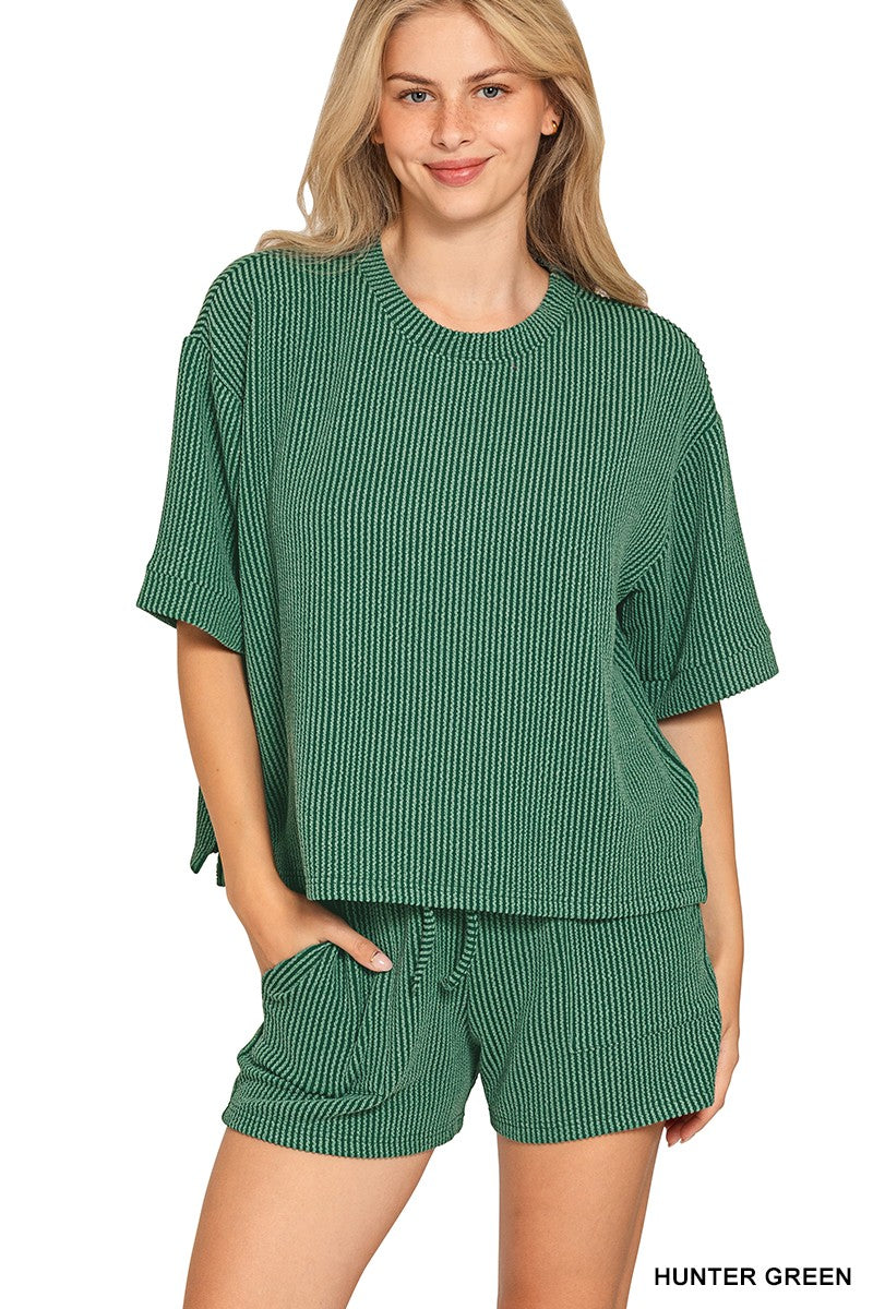 Cotton Blend Raised Rib Short Sleeve Tee & Shorts Set HUNTER GREEN