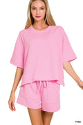 Cotton Blend Raised Rib Short Sleeve Tee & Shorts Set PINK