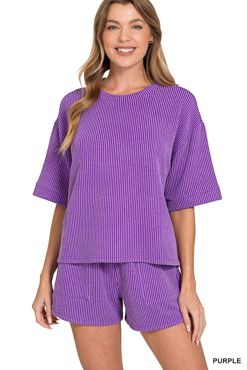 Cotton Blend Raised Rib Short Sleeve Tee & Shorts Set PURPLE