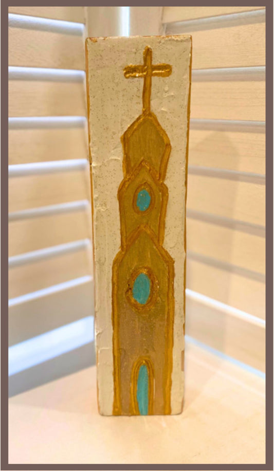 Hand Painted Church on Wood Block with Gold Trim